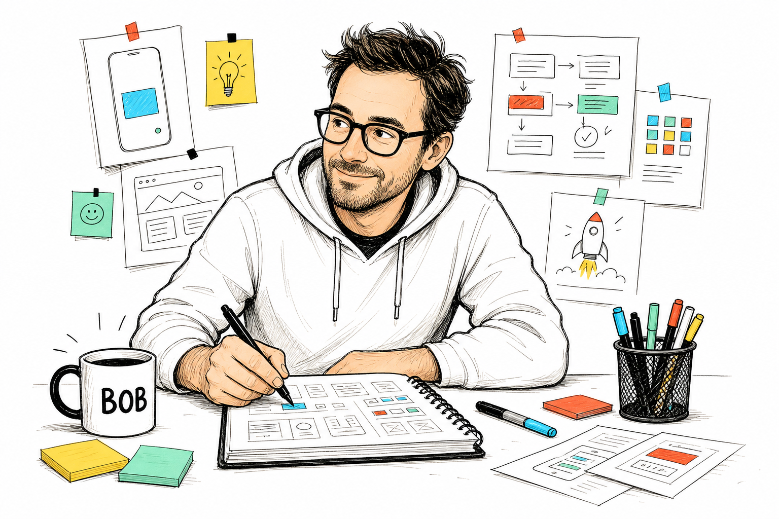 Illustration of Bob Van sketching app ideas at a desk.