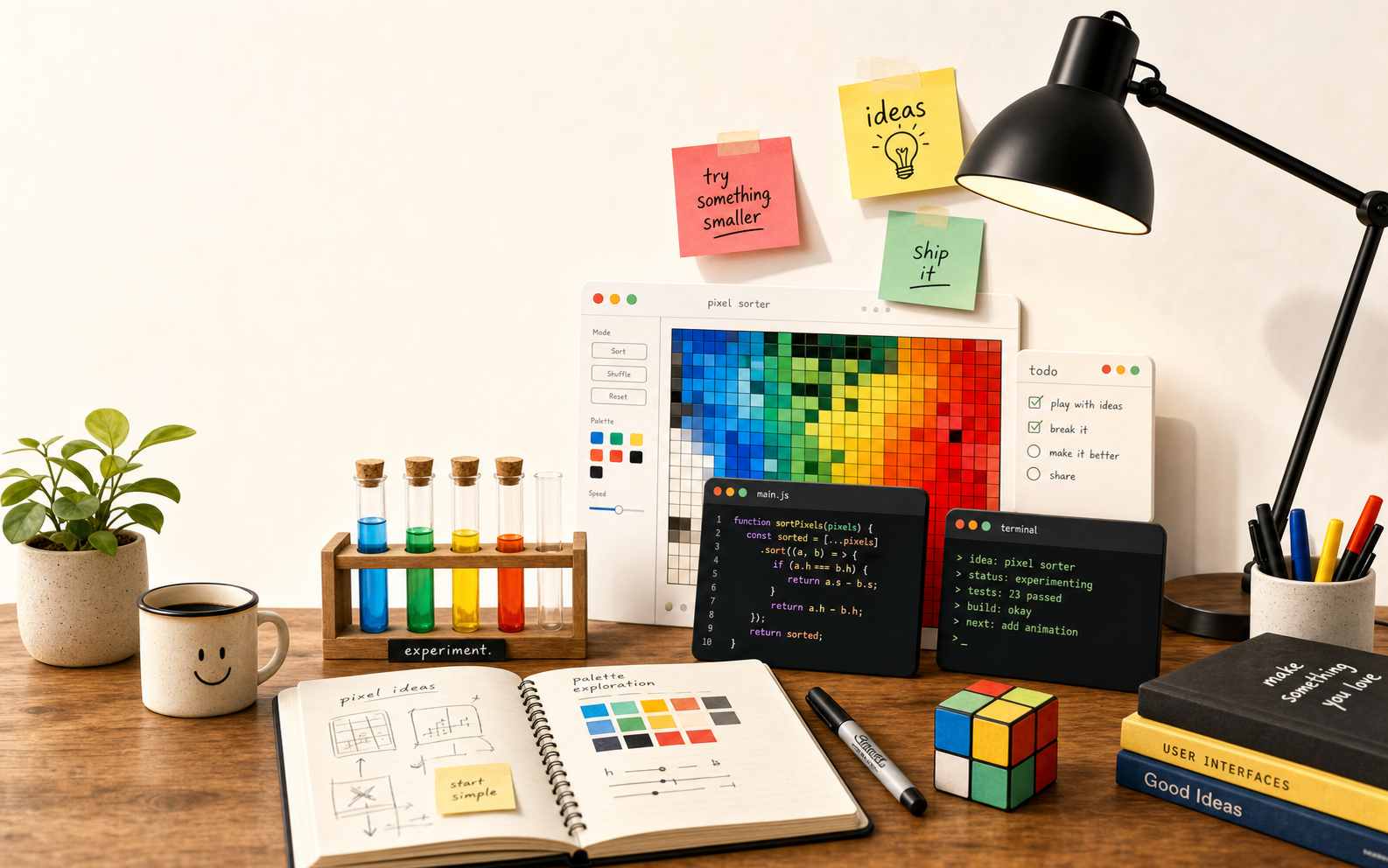 A creative workbench with app windows, test tubes, sticky notes, code, and sketches.